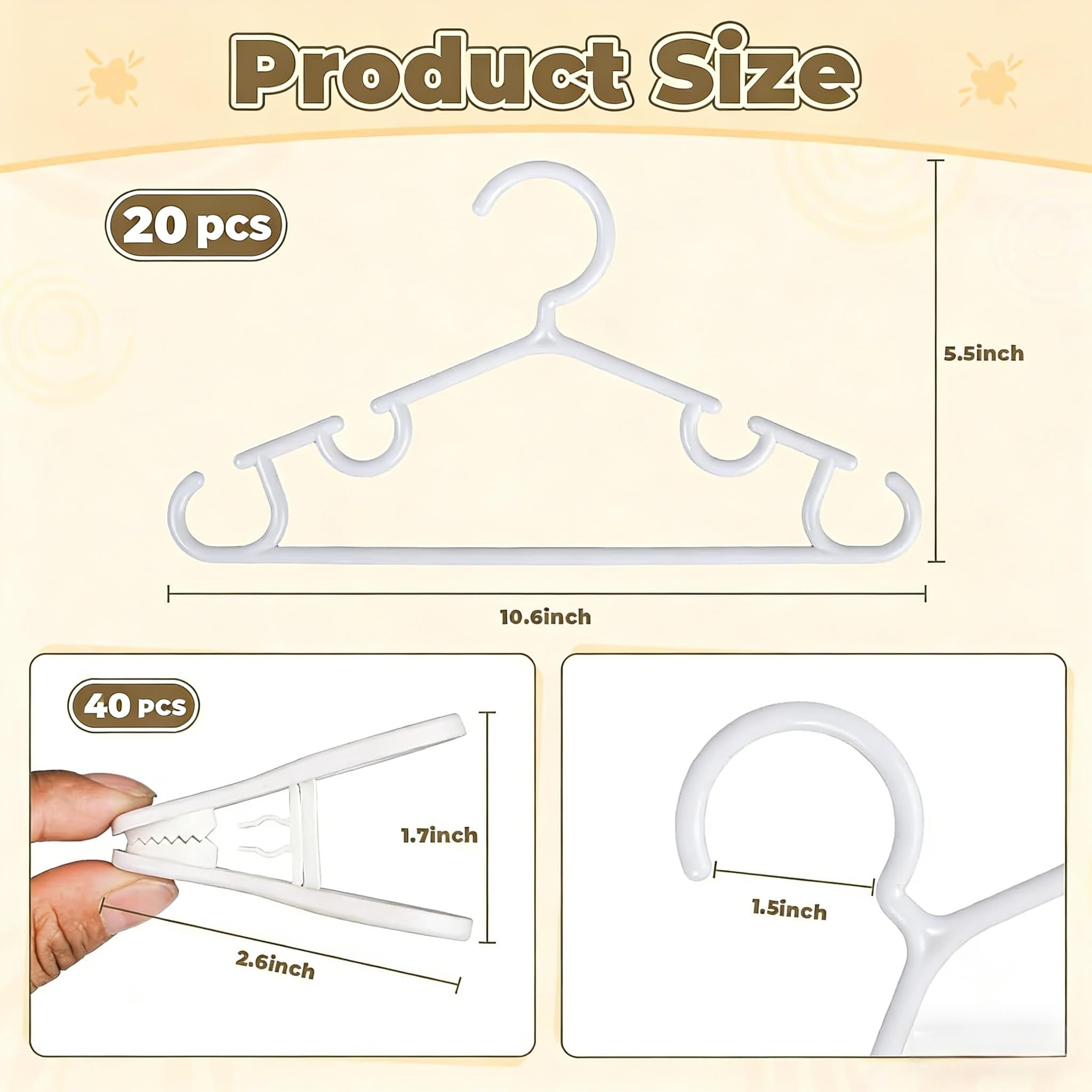 Nursery Baby Hangers with Clips, 20 Newborn Kids Plastic Clothes Hangers for Toddler Pants – with 40 Clips for Children's Clothes Packs(White,60 Packs) (60, White)