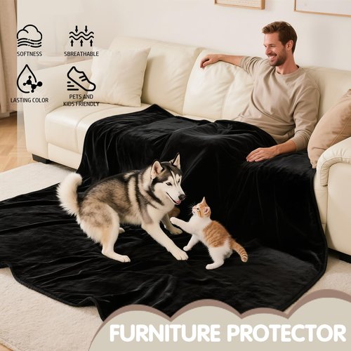 KISSAZ Waterproof Blanket for Couch Bed Cover, Black Blankets Waterproof and Stain Proof, Reversible Blankets for Bed, Machine Washable Double-Sided Bed Blanket (Black, 26''x36'')