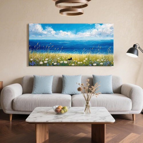 Black Cat Canvas Wall Art - Abstract Beach Floral Prints | Coastal Daisy Flower Artwork 16"x8"