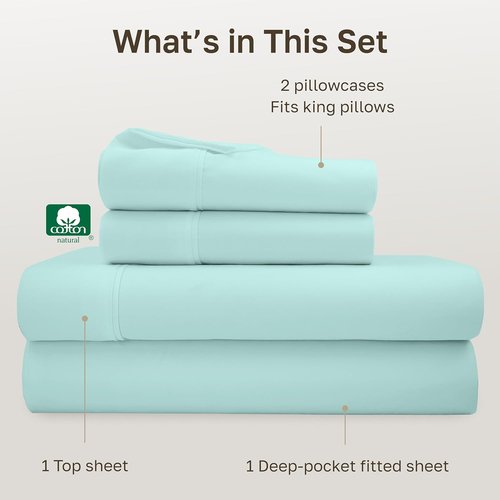 California Design Den King Size Bed Sheets Set - 100% Cotton, 400 Thread Count, Smooth Sateen Finish, Seafoam Color