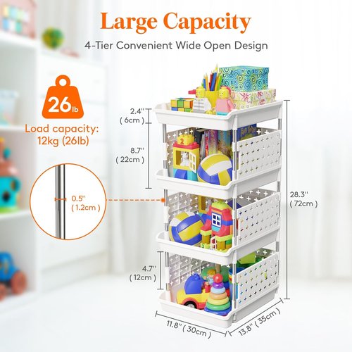 Lifewit Stackable Storage Baskets - 4-Tier Multifunctional Organizer for Food & Clothes | 13.8"D x 11.8"W x 28.3"H, White