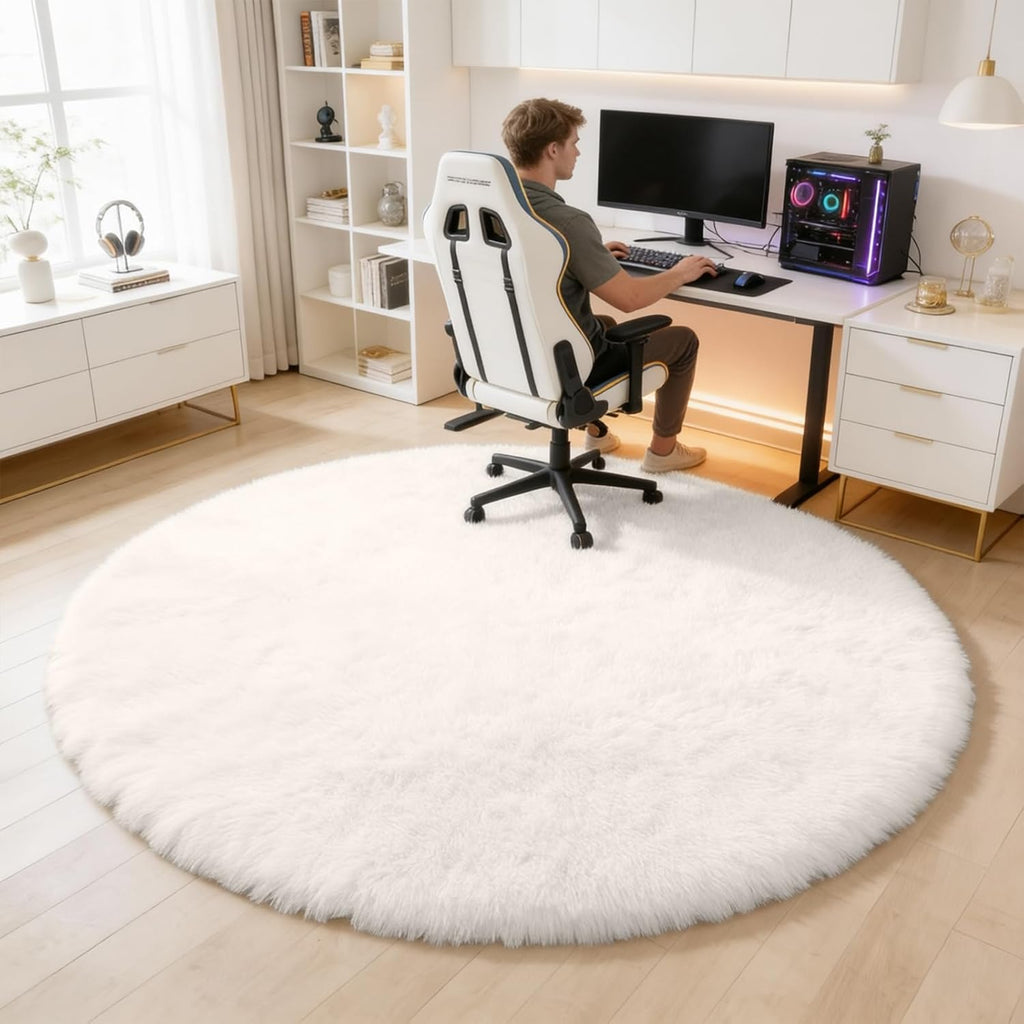 OLANLY Ivory Round Rug - Soft, Fluffy Shaggy Carpet | 6 ft Machine Washable Area Rug for Bedroom & Living Room