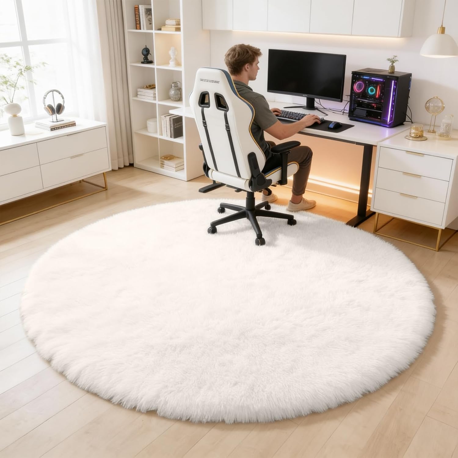 OLANLY Ivory Round Rug - Soft, Fluffy Shaggy Carpet | 6 ft Machine Washable Area Rug for Bedroom & Living Room