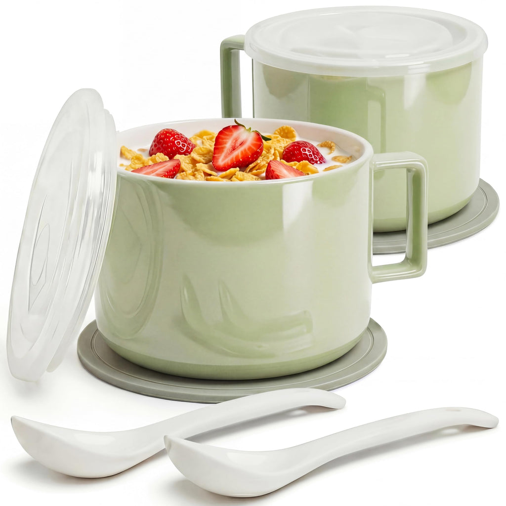 Presva Ceramic Soup Bowls with Handles & Lids, Set of 2 with Spoons & Trivets, 30oz Large Soup Mugs, Oven Safe Bowls for Soup, Ramen, Oatmeal & Cereal, Microwave & Dishwasher Safe, Green