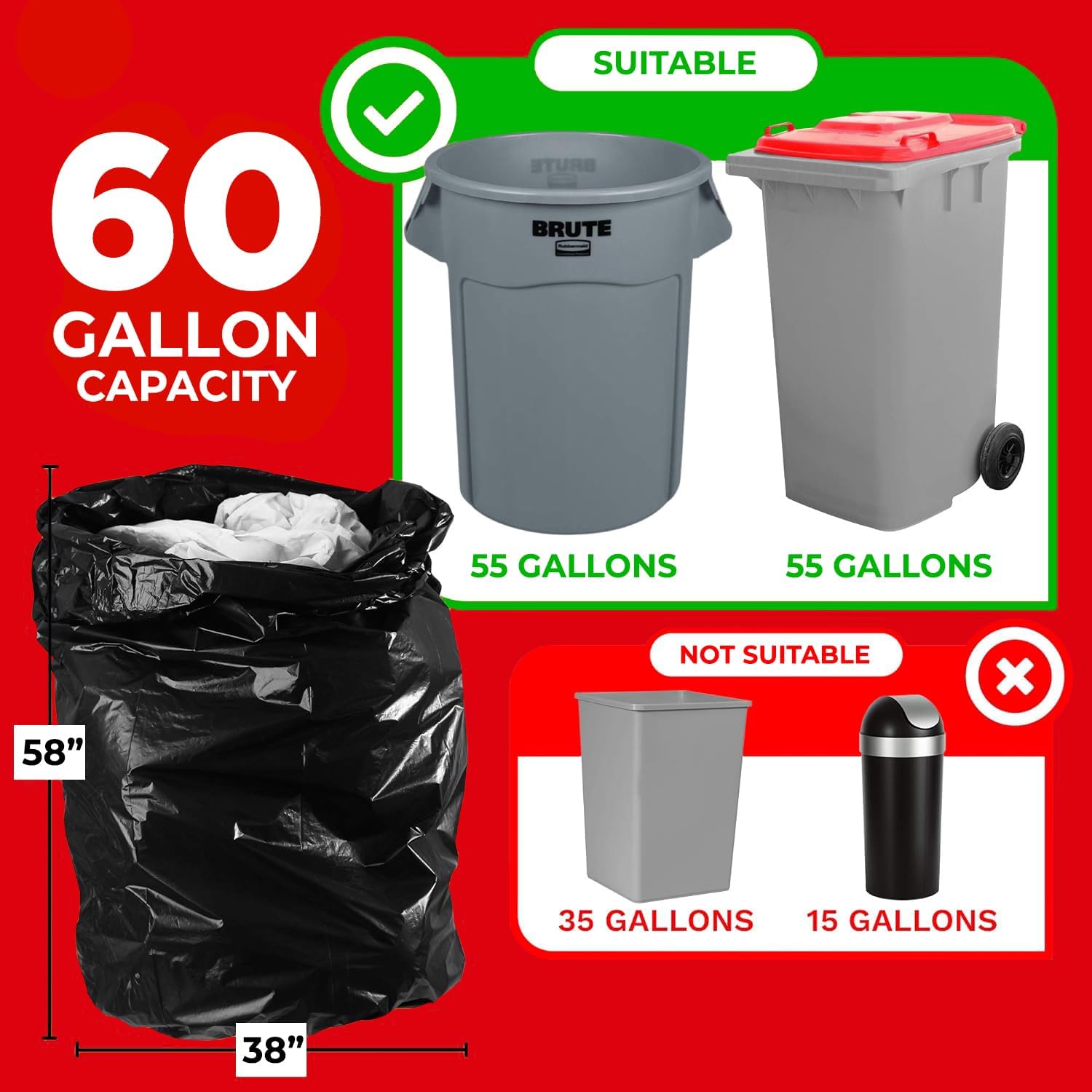 ToughBag Heavy Duty Trash Bags - 55-60 Gallon, 150 Count Large Black Garbage Bags | Made in USA