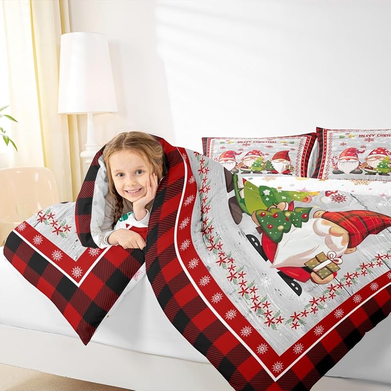 Multi 06 Twin Comforter Set - Merry Christmas Gnomes Snowflake Bedding, 68x90 Twin