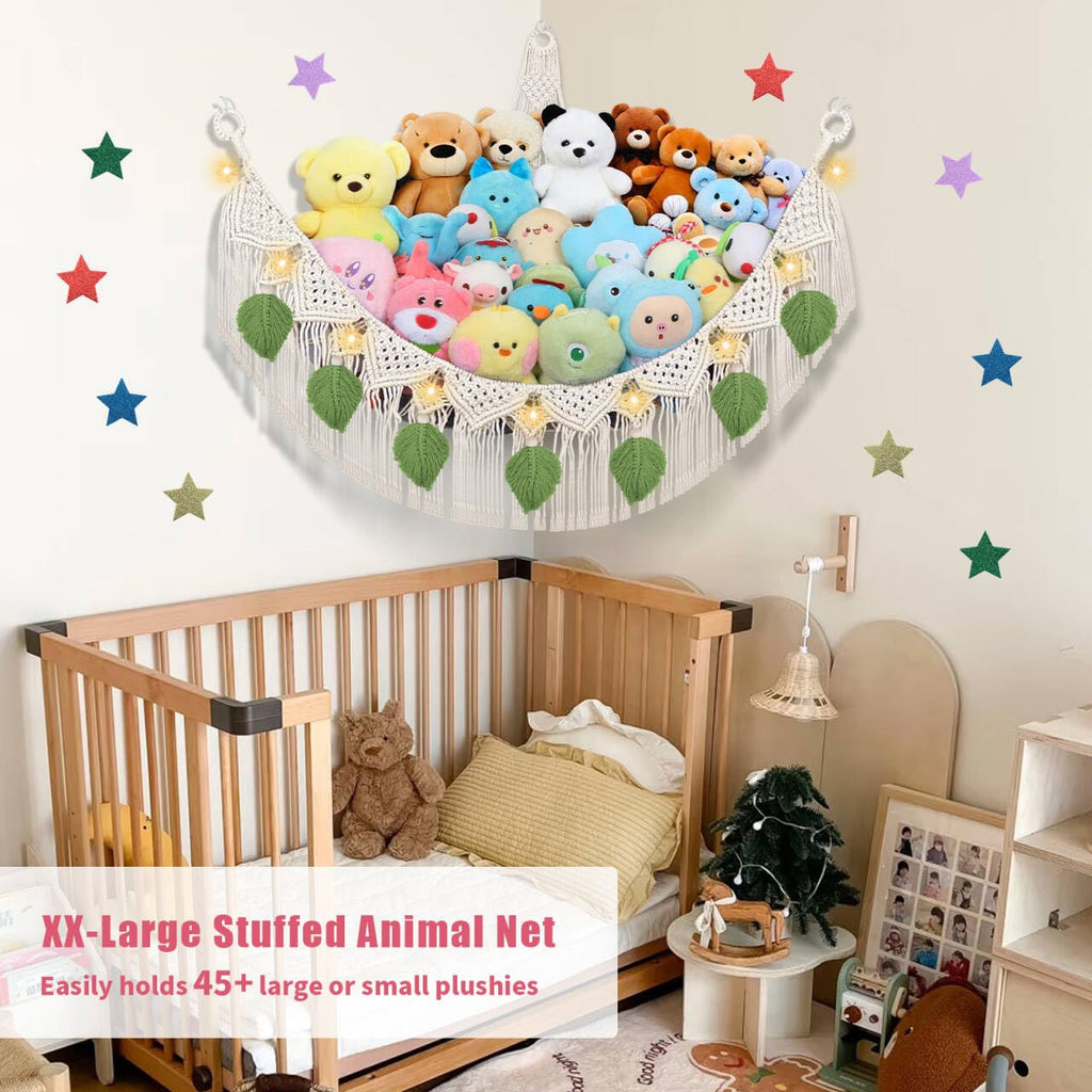 Stuffed Animal Hammock Corner w/LED Star Light, 56'' Jumbo Boho Tassel Leaf Hanging Stuffed Animal Net Holder, Cream Toy Hammock Plushie Net for Kid Girls Boys Gift Nursery Decor