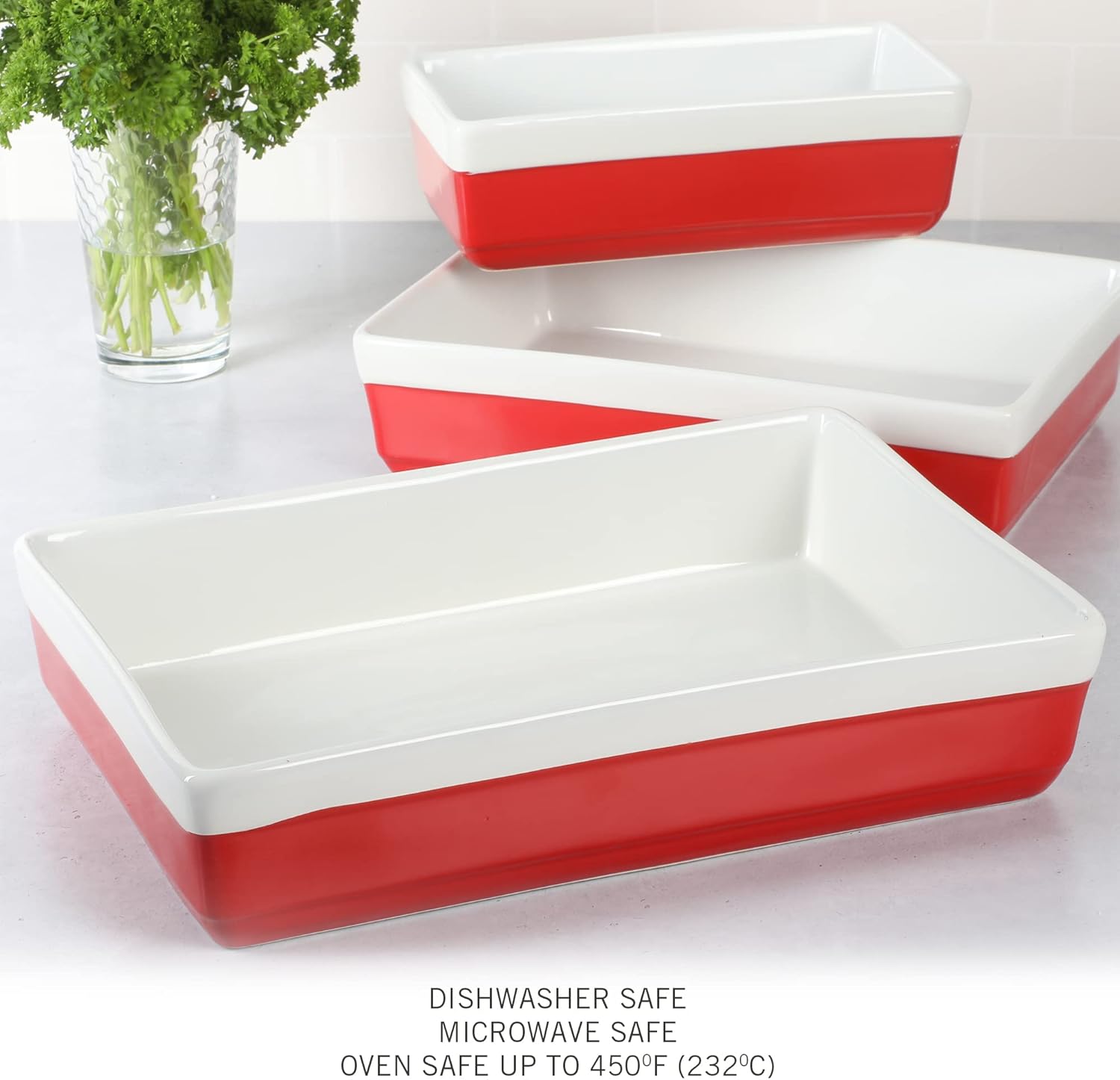 Martha Stewart 3-Piece Stoneware Bakeware Set - Durable Oven-Safe Baking Dish & Casserole - Red