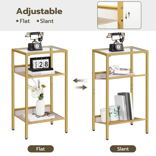 HOOBRO Gold Side Table, Tall Telephone End Table with Mesh Shelves, 3-Tier Nightstand with Tempered Glass Tabletop, for Living Room, Bedroom, Gold GD04DH01