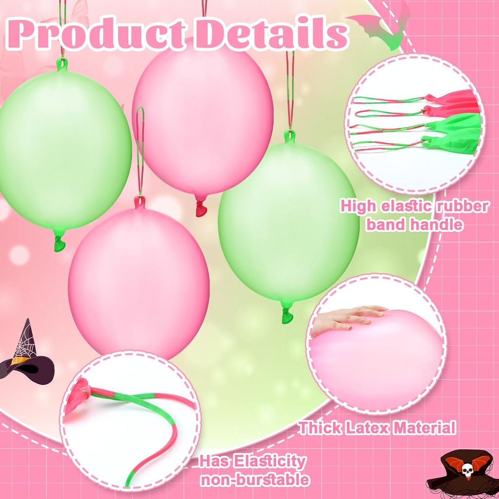 Skiennix Punch Balloons - 24 Pcs Pink & Green Bounce Balloons with Rubber Band Handles for Parties