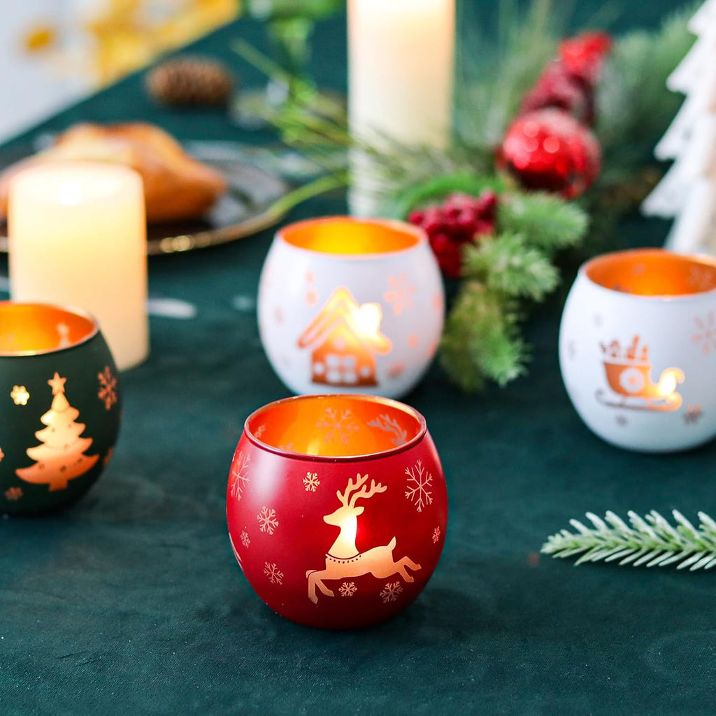 Skiennix Christmas Candle Holders - Set of 4 Frosted Glass Tealight Votive Holders | Winter Holiday Decor (Red, Green, White)