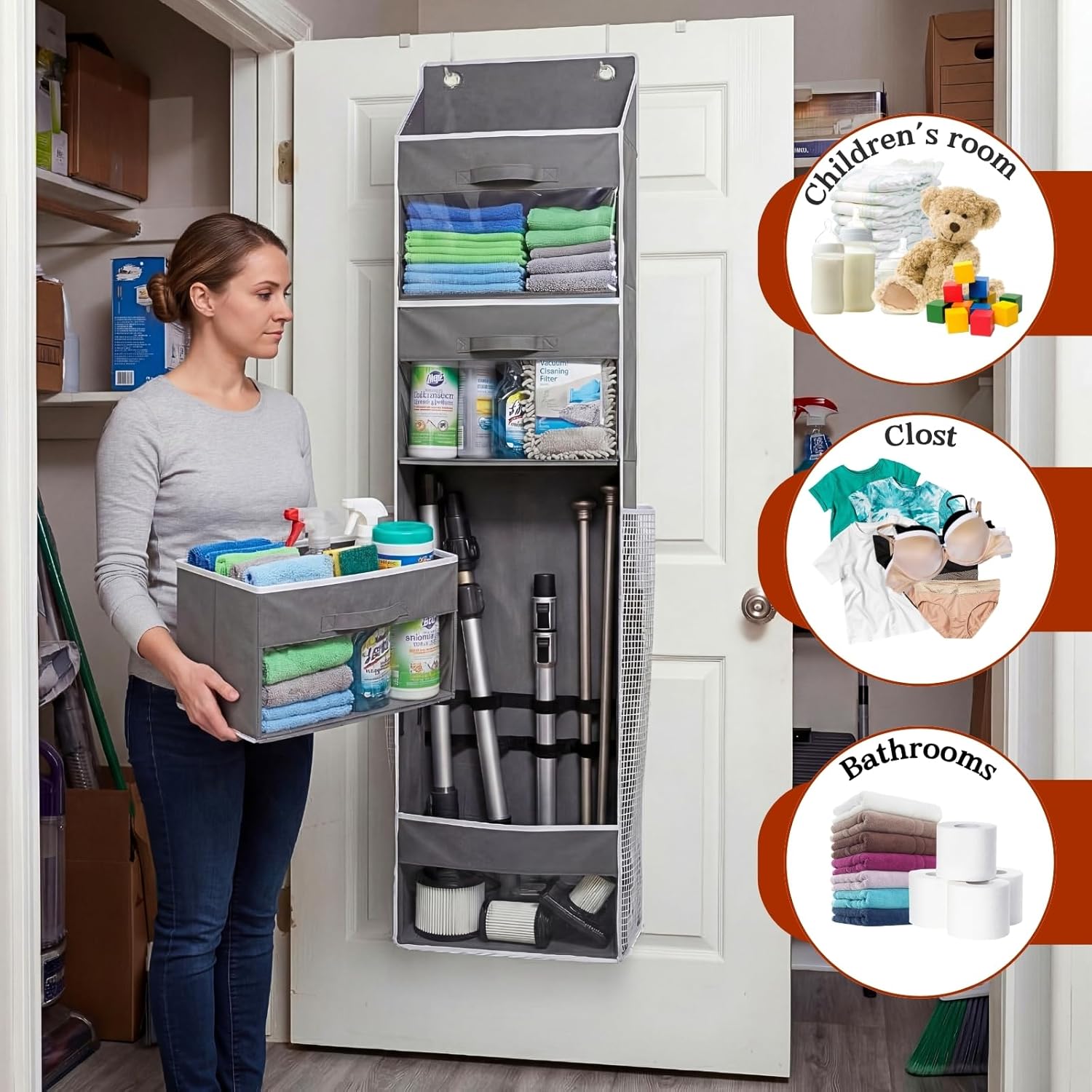 Skiennix Over Door Wrapping Paper Organizer - 3 Removable Drawers & Side Pockets | Christmas Gift Wrap Storage