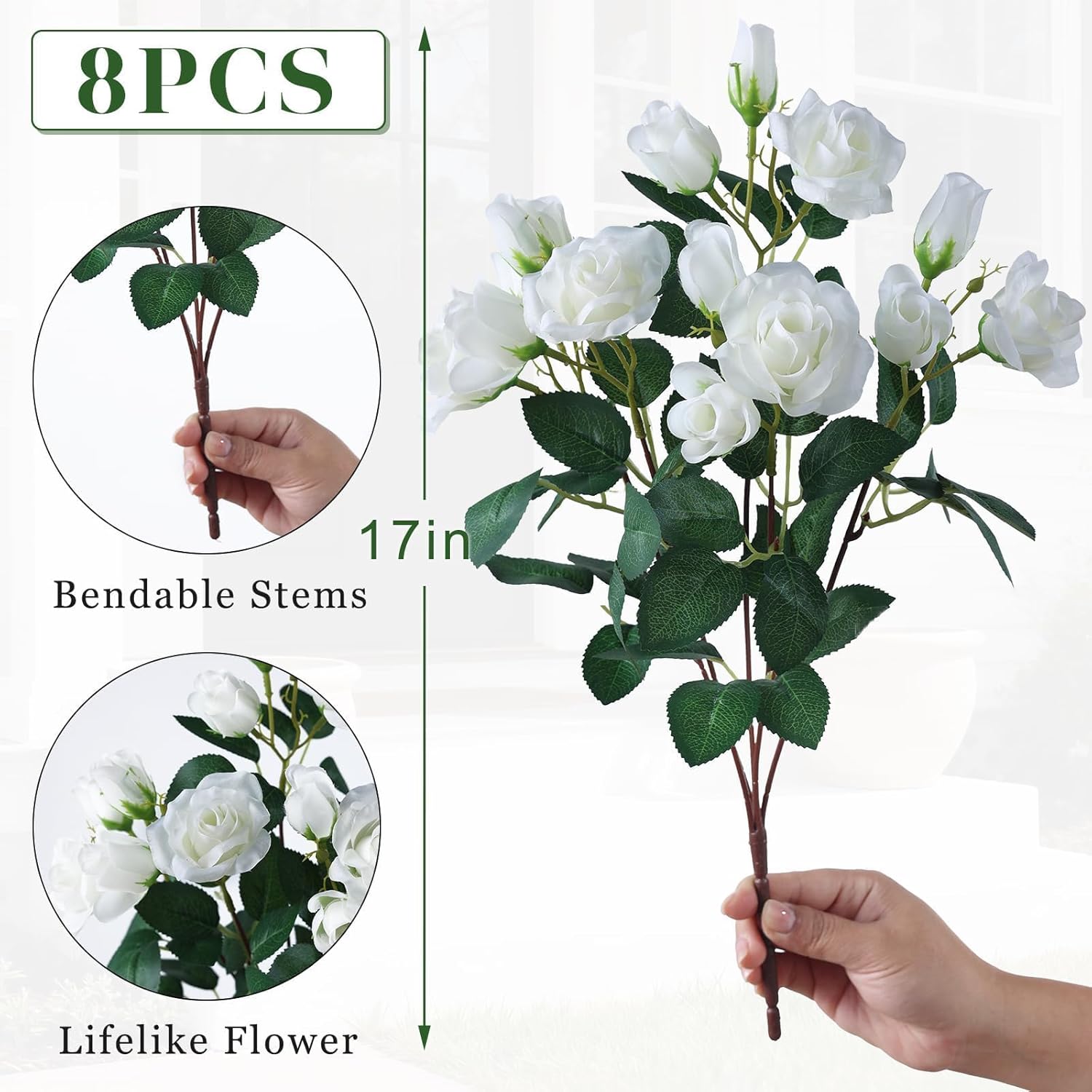 Skiennix Artificial Roses - Realistic Silk Bouquets for Outdoor Decor | UV Resistant White Flowers (8 Bundles)