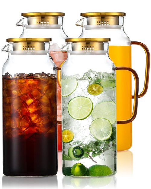 4 Pack 2 Liter/68 oz Glass Pitcher with Lid, Water Pitchers with Handle for Fridge, Large Jug for Iced Tea, Coffee, Borosilicate Glass Carafe for Hot/Cold Brew Drink and Homemade Beverage, Gold