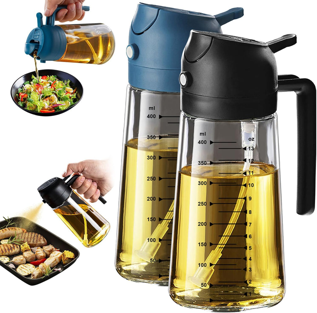 TrendPlain 16oz Glass Olive Oil Sprayer - 2-in-1 Dispenser for Cooking & BBQ - Black & Navy