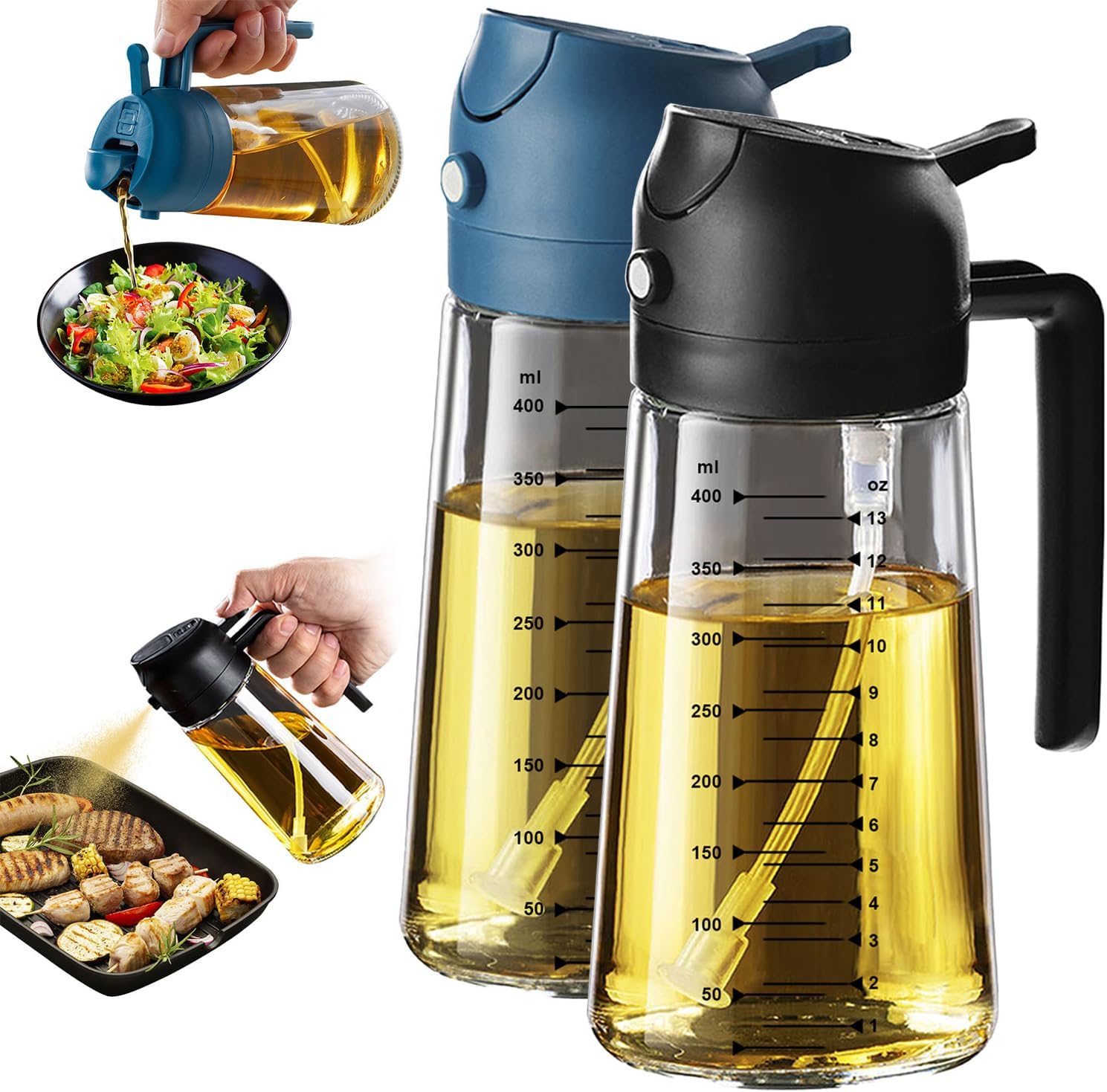 TrendPlain 16oz Glass Olive Oil Sprayer - 2-in-1 Dispenser for Cooking & BBQ - Black & Navy
