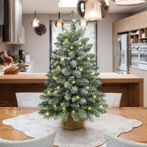 2 ft Mini Christmas Trees with 25 F5 LED Lights, 24" Decorated Burlap Artificial Tabletop Christmas Trees Home Party Decoration for Kitchen Dining Room Window