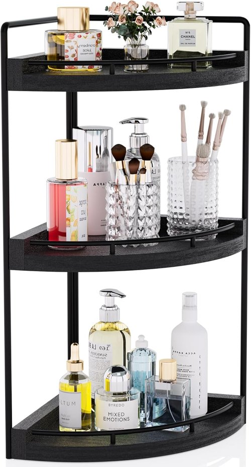 Corner Bathroom Organizer - 3 Tier Wood Vanity Shelf for Skincare & Toiletries | Black