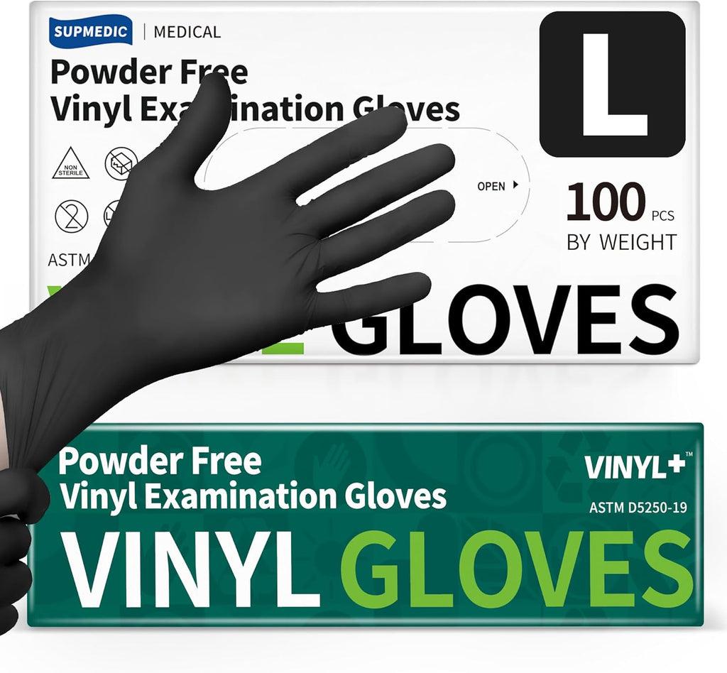 Supmedic Vinyl Disposable Exam Gloves - Black 4Mil, Powder-Free & Latex-Free | 100 & 1000 Count