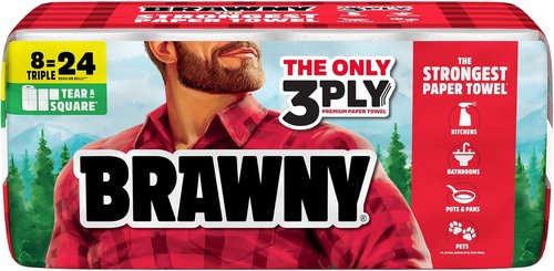 Brawny 3-Ply Paper Towels - Strong & Absorbent Tear-A-Square | 8 Triple Rolls (24 Regular Rolls)