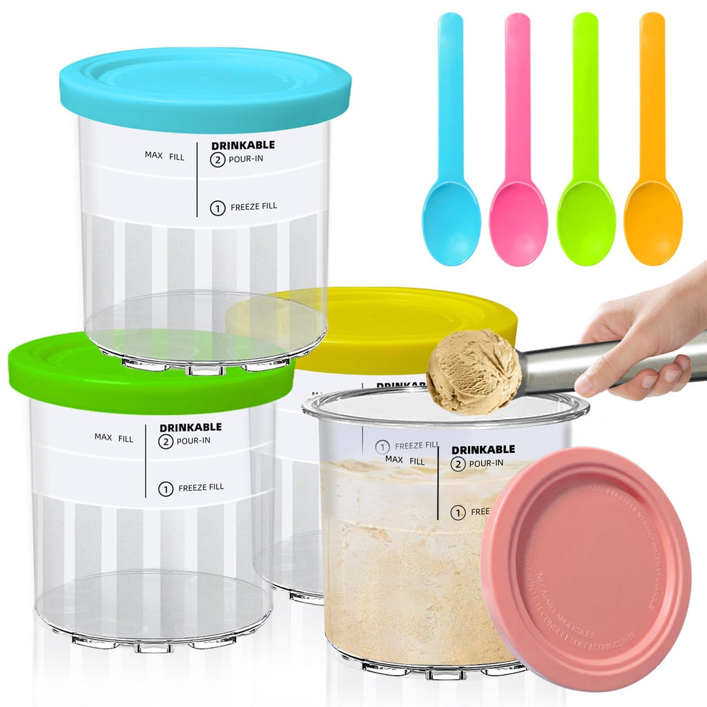 Vintrol 4 Pack Pints Creami Deluxe Pints with 4 spoons, 1 metal spoon & 4 Lids, 24oz Creami Pints Compatible with NC500 NC501 Series Ice Cream Makers Machine Accessories, BPA-Free And Dishwasher Safe