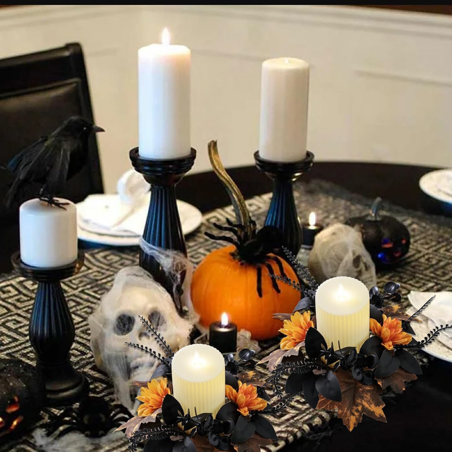 Maple Flower Wreath by Halloween | Artificial Eucalyptus Candle Ring - Gothic Yellow Floral Decor