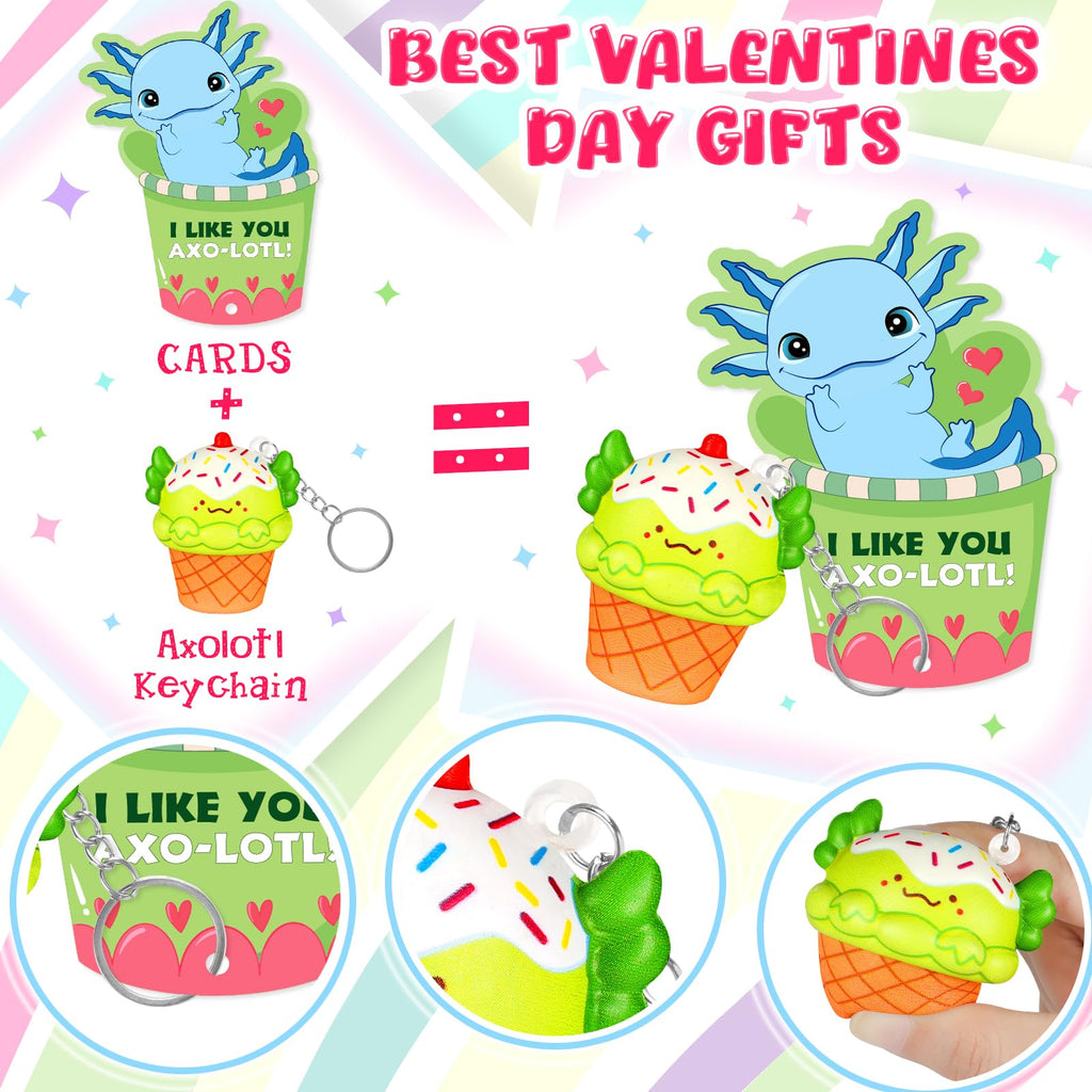 EULRGAUS Valentines Day Cards for Kids School, 24 PCS Food Axolotl Slow Rising Squishy Toys, Valentines Cards for Kids Classroom with Keychains, Valentines Classroom Exchange Party Favors Gifts