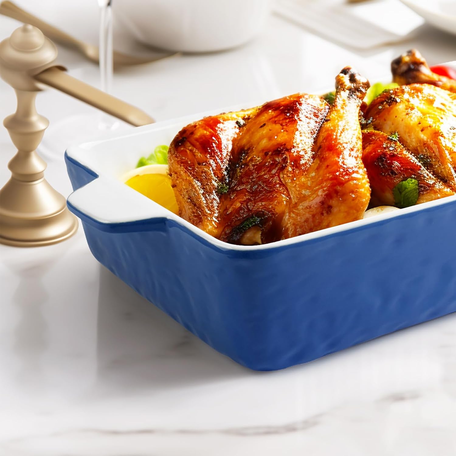 Regine Switzerland 4 QT Baking Dish - Deep Ceramic Casserole Pan with Handles | Oven Safe, Dark Blue