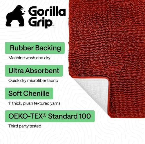 GORILLA GRIP Bath Rug Mat - Soft Absorbent Chenille with Quick Dry Microfiber | 24x17 Sunset Orange
