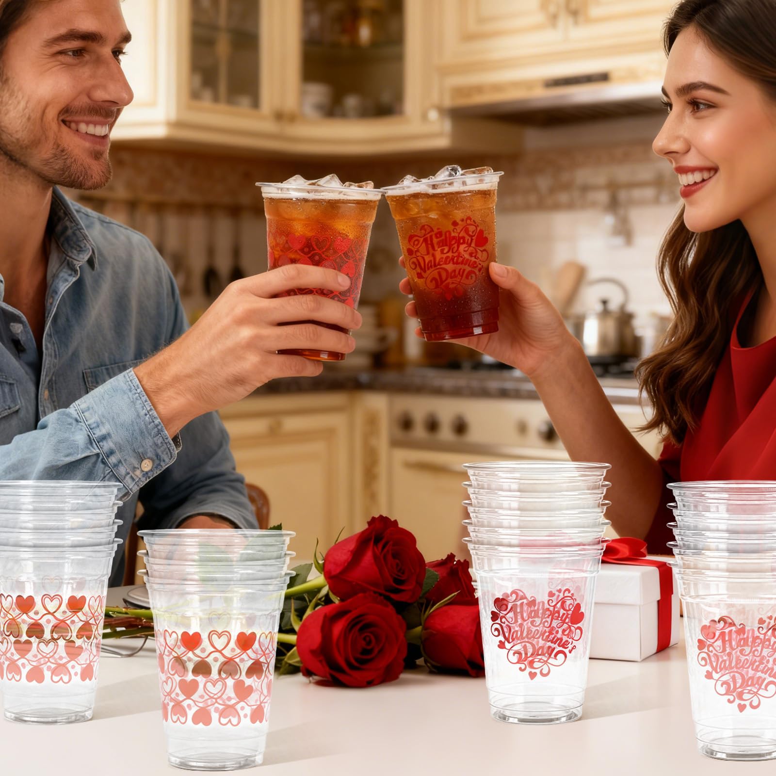 Gistome 50 Pcs 12 oz Valentine’s Day Plastic Cups, “Happy Valentine’s Day” and Heart Pattern Printed Disposable Cups, Red Love Design Cups for Beverages, Parties, Weddings, and Romantic Celebrations