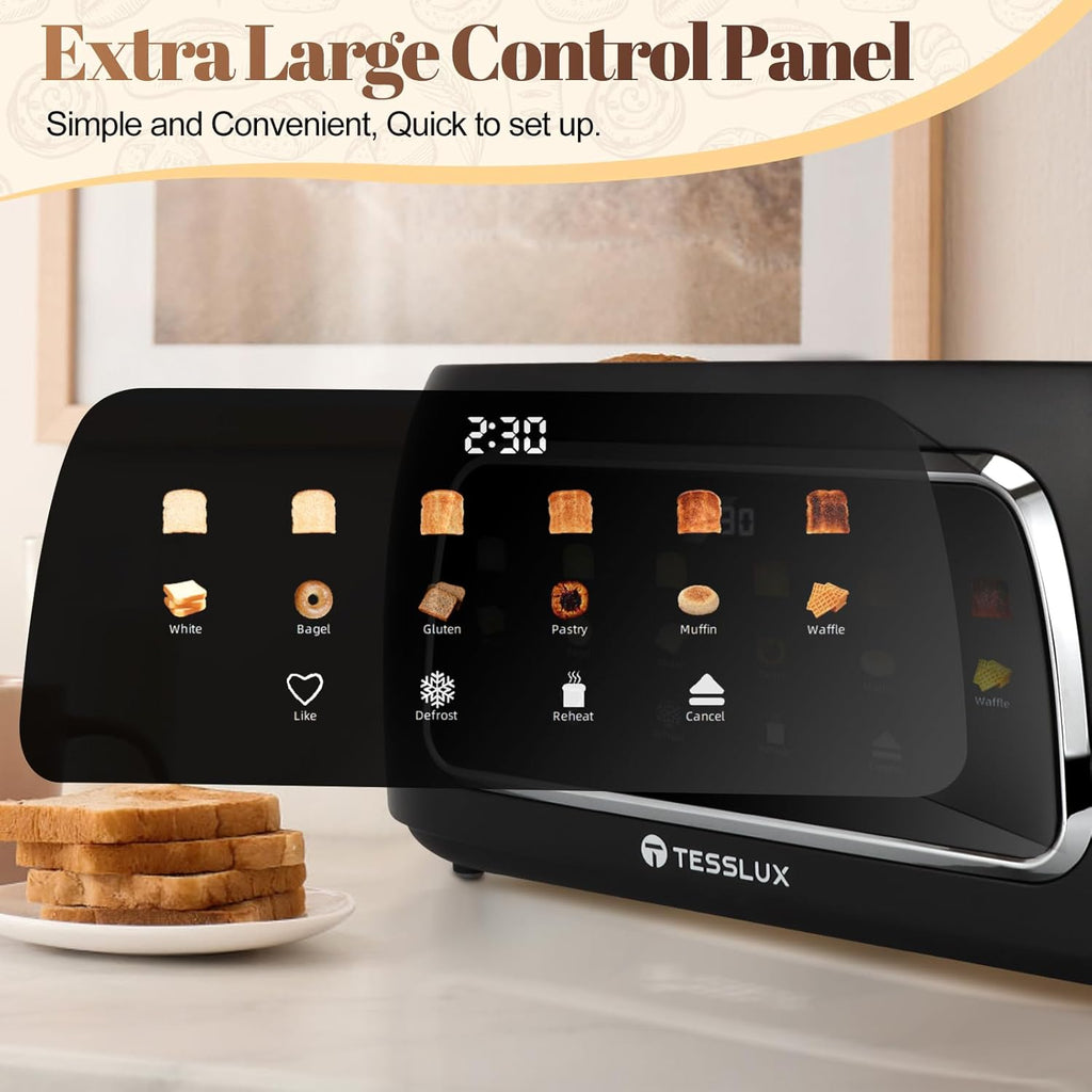 Tesslux 4-Slice Toaster - Touch Screen Control, 1.5" Wide Slots, 6 Browning Levels | Black Finish