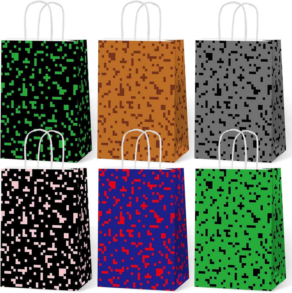 Skiennix Pixel Party Favors Bags - 12 PCS Video Game Themed Treat Bags with Handles for Boys & Girls