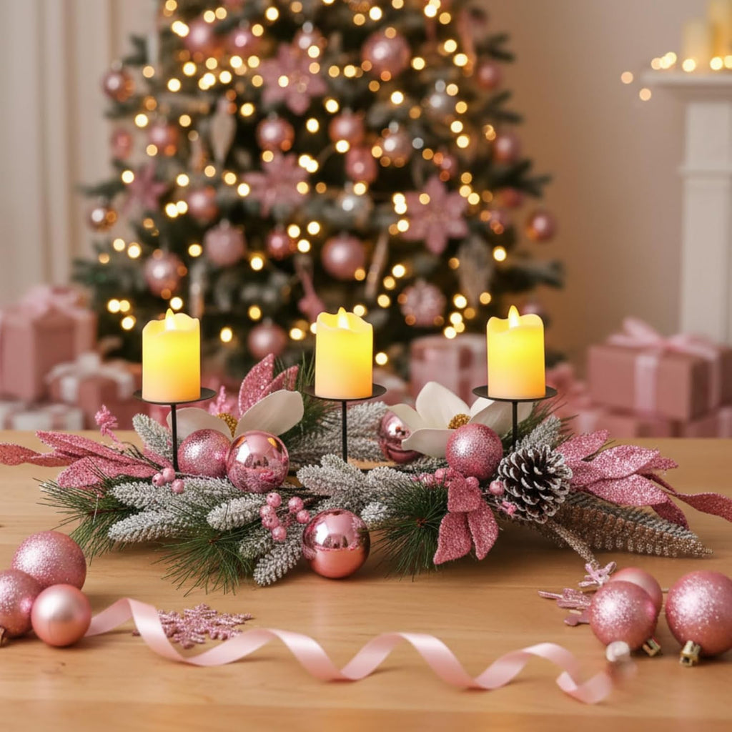 Maxdot Pink Christmas Candle Holder - Elegant Metal Poinsettia Design for Dining Table Decor | Festive Centerpiece
