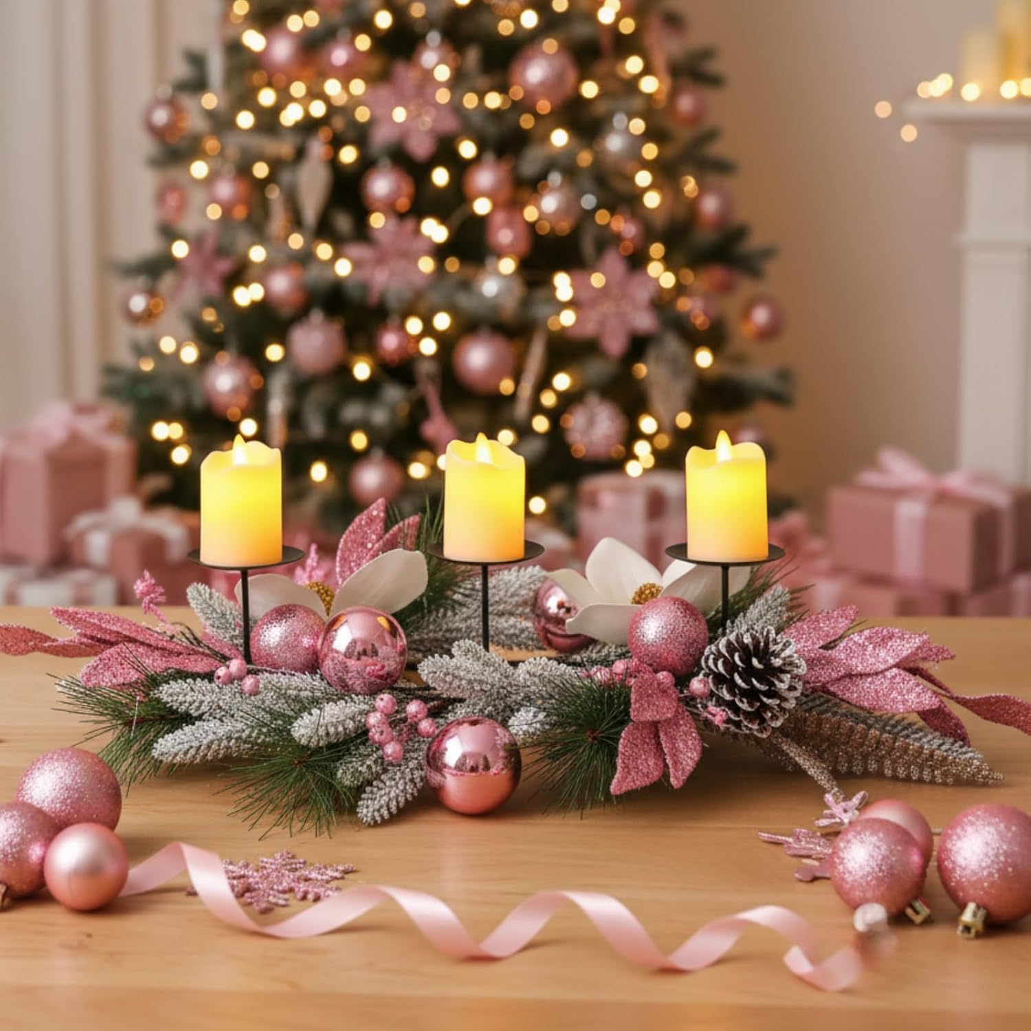 Maxdot Pink Christmas Candle Holder - Elegant Metal Poinsettia Design for Dining Table Decor | Festive Centerpiece