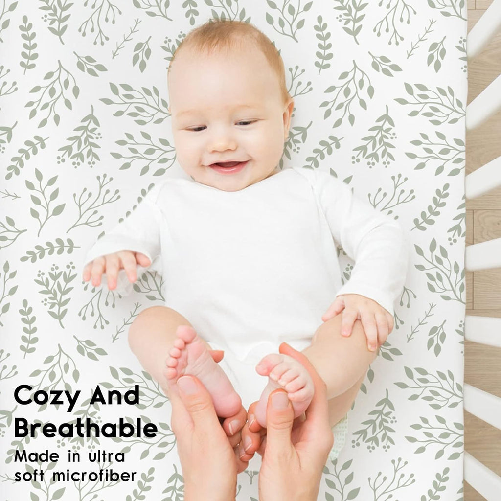 Yoofoss Fitted Baby Crib Sheets - Super Soft Microfiber 2-Pack for Standard Crib & Toddler Mattress | Green & Leaf Design 28x52x8in