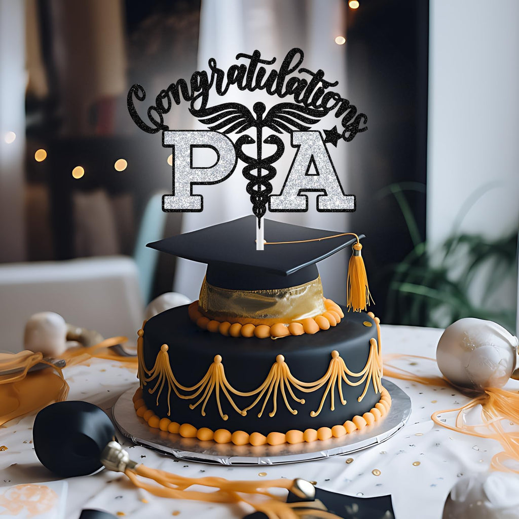 PA Cake Topper - Graduation Decorations 2025 | Congrats Nurse/Doctor - Black & Silver Glitter