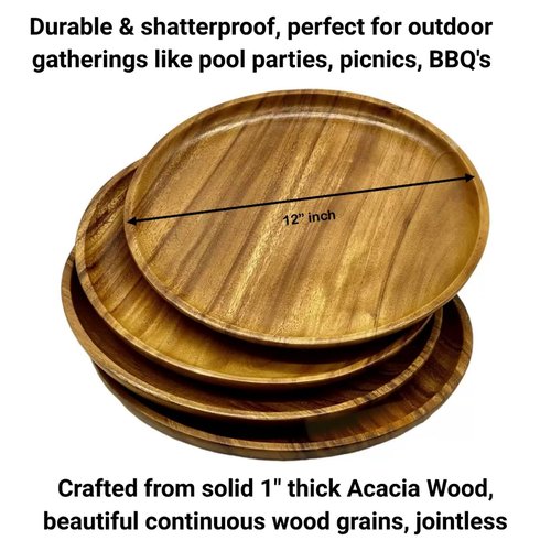 WRIGHTMART Acacia Wooden Plates – Set of 4, 12” Round Dinner & Charger Plates, Rustic Handcrafted Tableware for Charcuterie, BBQ, Farmhouse Dining, or Gift
