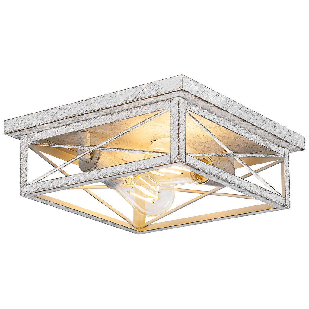 Kondras Antique White Hallway Light Fixture, 2-Light Farmhouse Flush Mount Ceiling Lighting, 1-Pack Metal Kitchen Lighting Fixture, Square Close to Ceiling Lamp for Bedroom Living Room Entryway