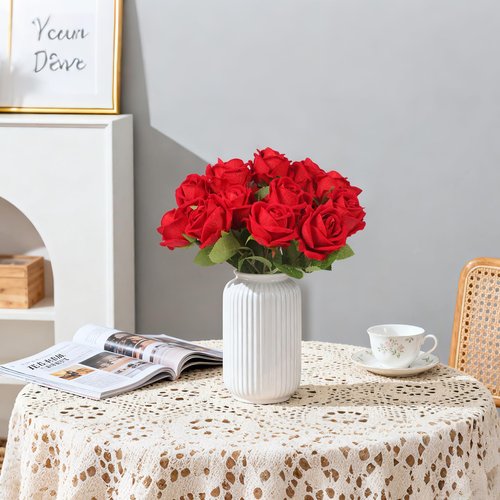 NEYSXYU 12PCS Realistic Full-Bloom Red Silk Roses – Long Stem Artificial Rose Bouquet for Romantic Home Decor, Wedding Centerpieces