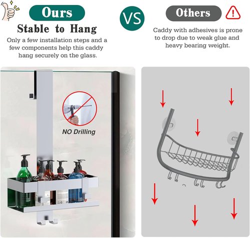 Emibele Over The Door Shower Caddy - Rustproof 304 Stainless Steel Organizer for Glass Doors | 23x10x10cm, Silver