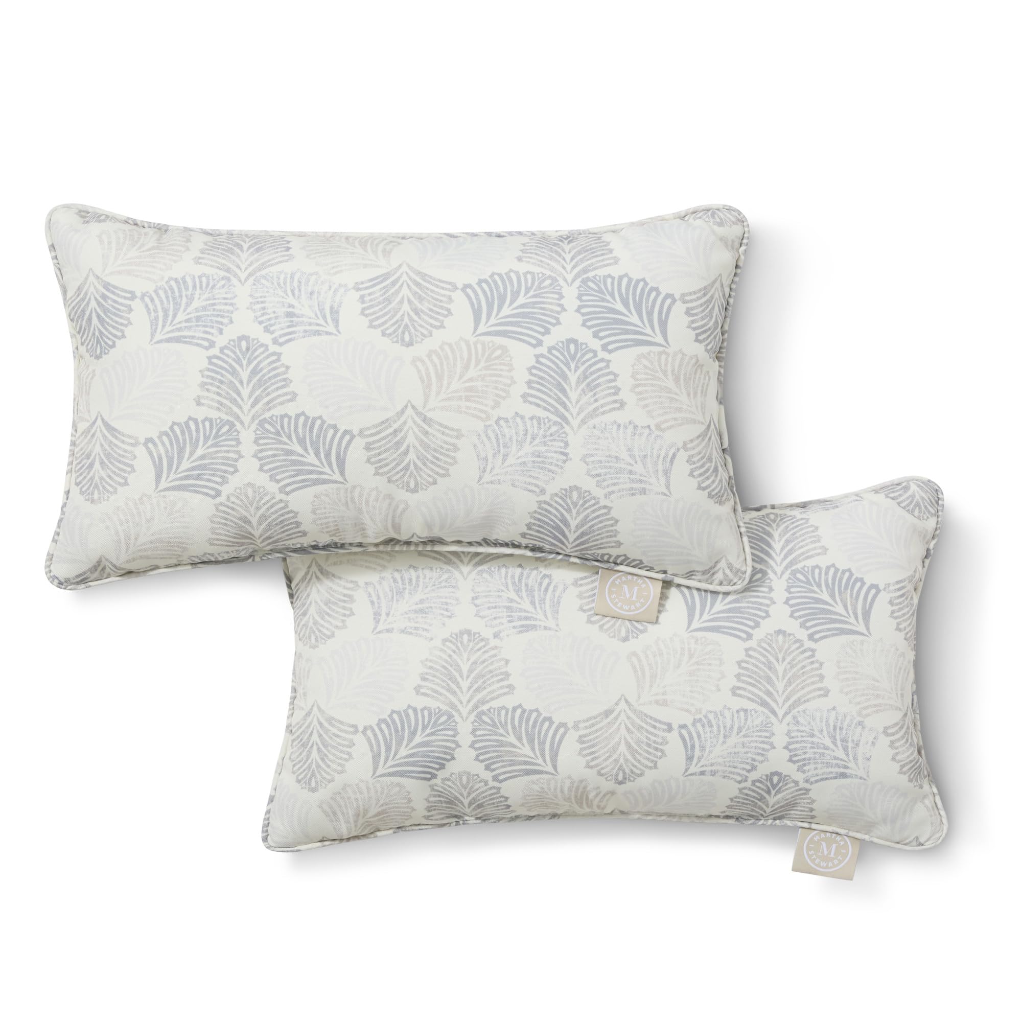 Martha Stewart Modern Banana Leaves Indoor Outdoor Decorative Lumbar Pillow 2-Pack Set, UV Fade Resistant, Water Repellent, Printed Tropical Design, Warm Grey, 11"x18"