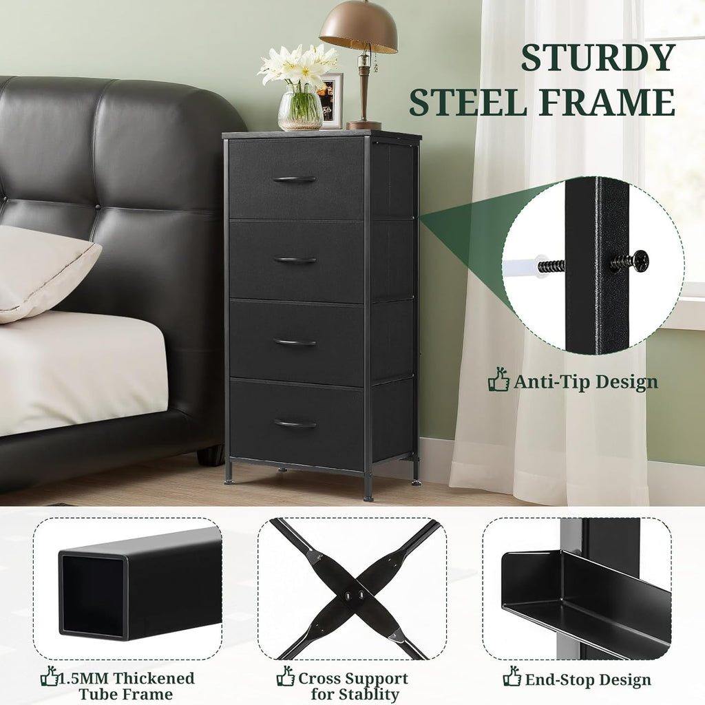 Regine Switzerland Nightstand - 4 Drawer Dresser with Wooden Top & Steel Frame | Black Fabric Bins for Bedroom & Living Room