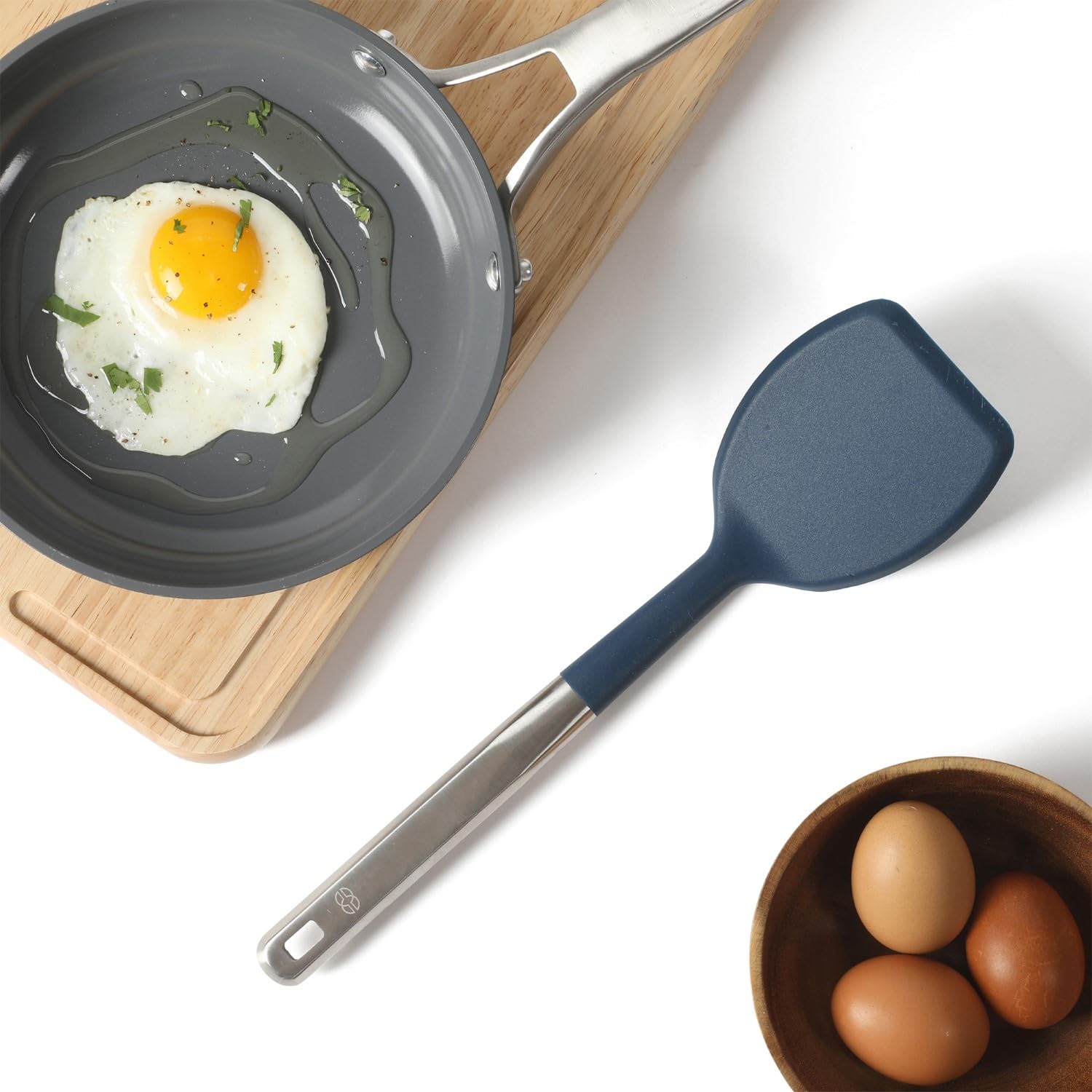 Calphalon Prime Stainless Steel Turner with Navy Blue Silicone Head, Heat Resistant Kitchen Spatula for Flipping, Cooking, Grilling, and Serving, Durable Non Scratch Cooking Utensil