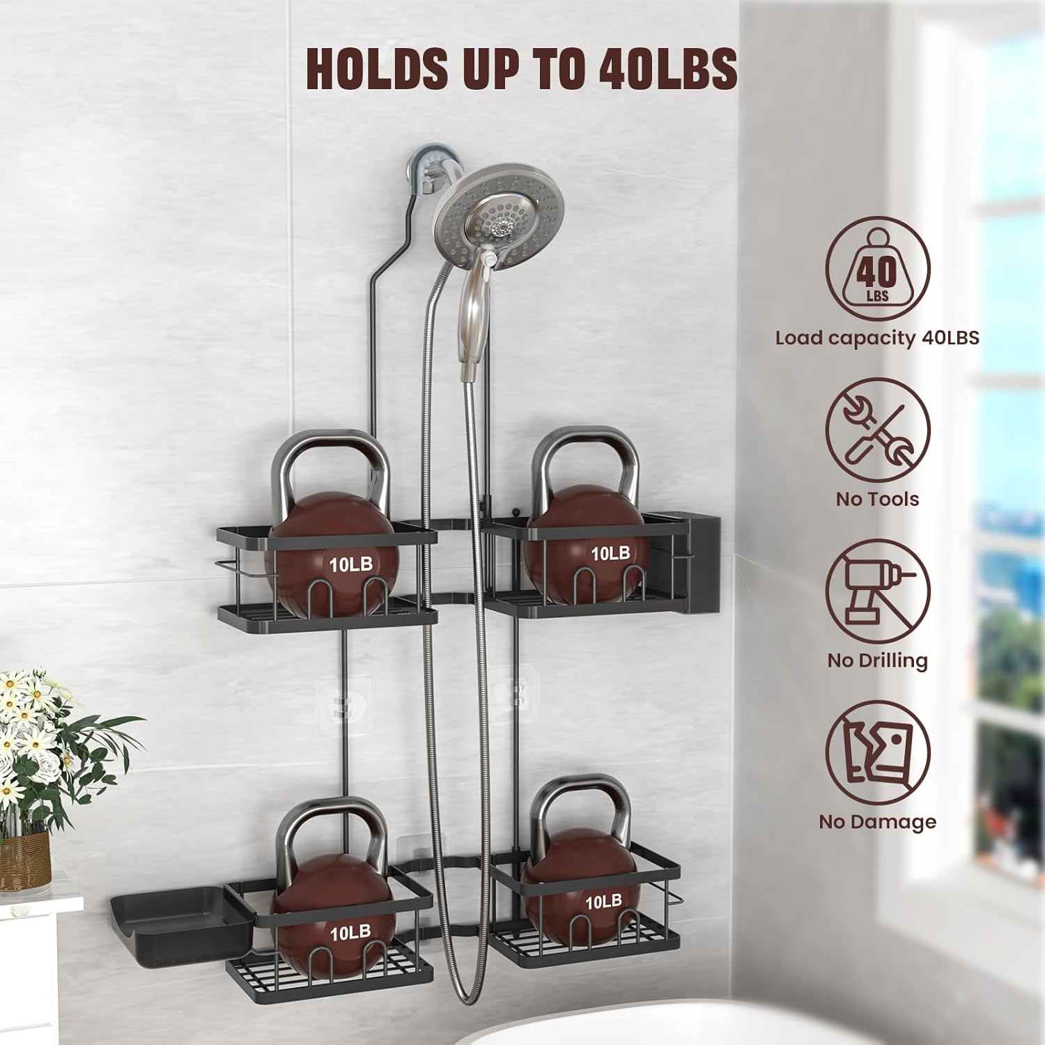 Reinhardt Adjustable Shower Caddy - Rustproof Hanging Organizer with Hooks & Soap Holder | Black