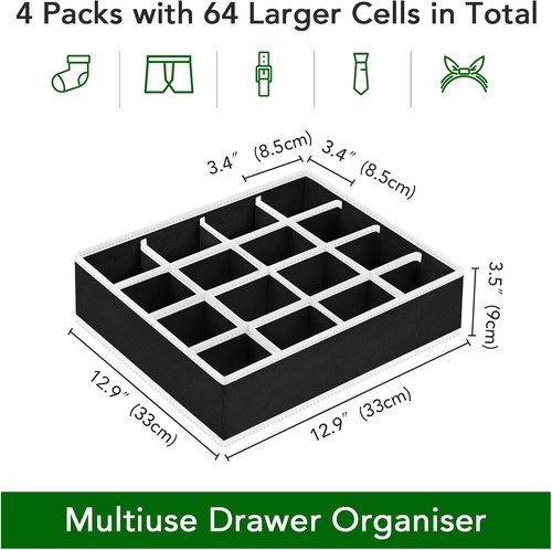 Homsorout Sock Organizers - 64-Cell Fabric Drawer Dividers for Socks & Ties | 4 Pack in Black