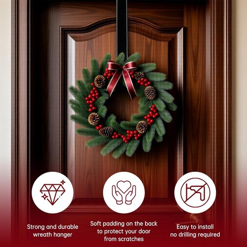 DZZ Adjustable Black Wreath Hanger - 15 to 25 Inch Door Hook for Larger Christmas Decor | 20 lb Capacity