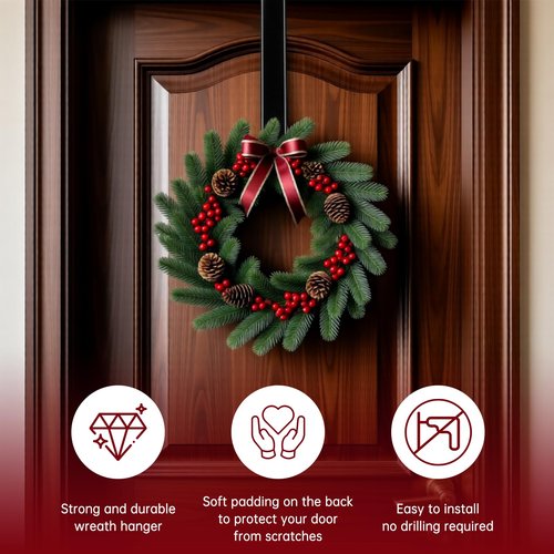 DZZ Black Wreath Hanger,Door Hook for Wreath,Adjustable Wreath Hanger-Length from 15 to 25 Inches,20 Lb D. Capacity,for Front Door Decor Larger Christmas Decorations Hook