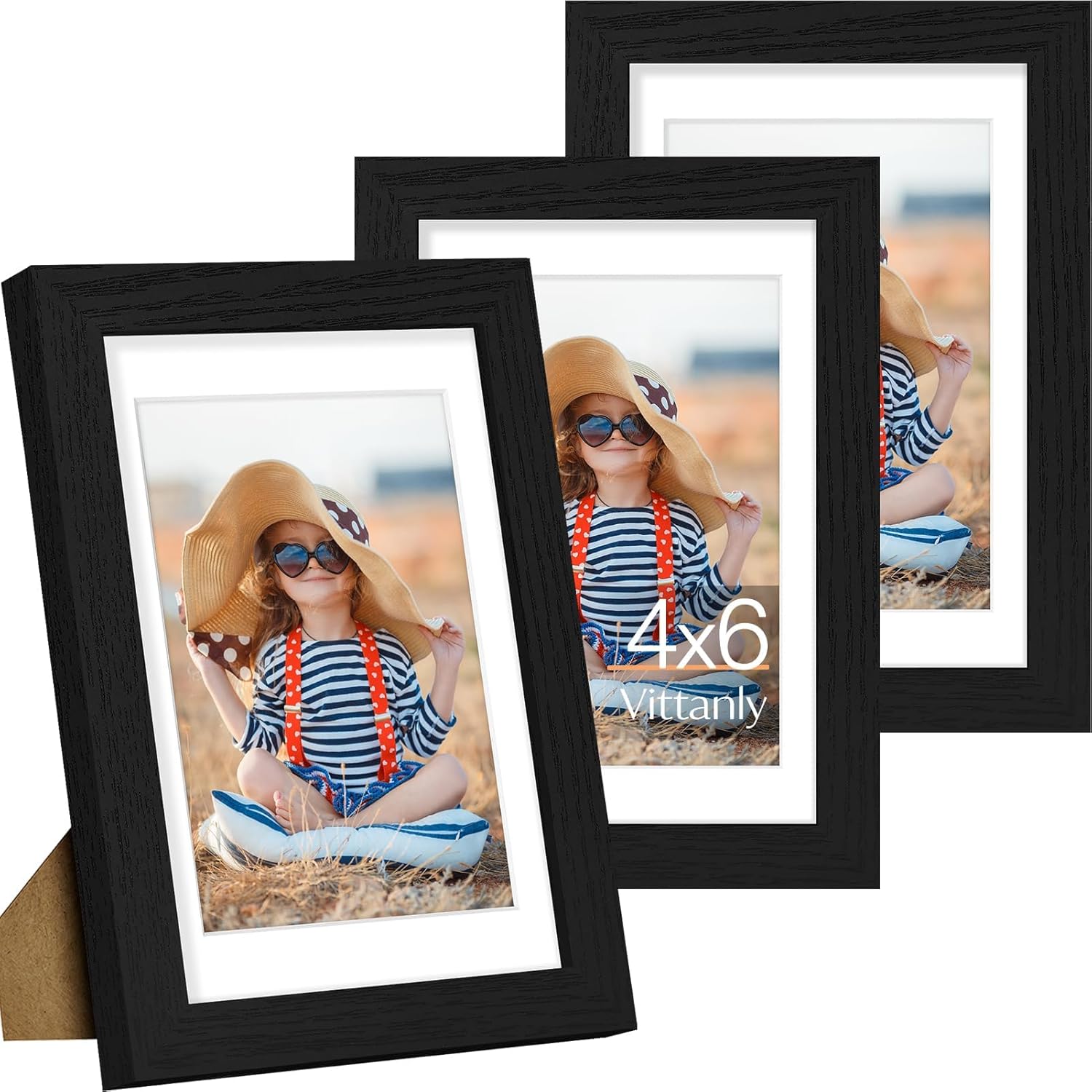 Vittanly Picture Frame Set of 3 - 4x6 & 3.5x5 Display Options | Wall Mount or Tabletop - Black Engineered Wood