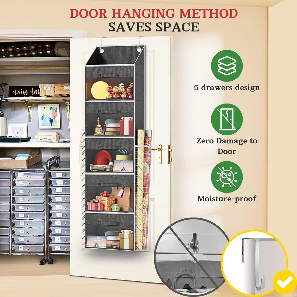 Ofiray-Home Over Door Wrapping Paper Organizer - 5 Removable Drawers & 2 Large Side Pockets for Gift Wrap Storage