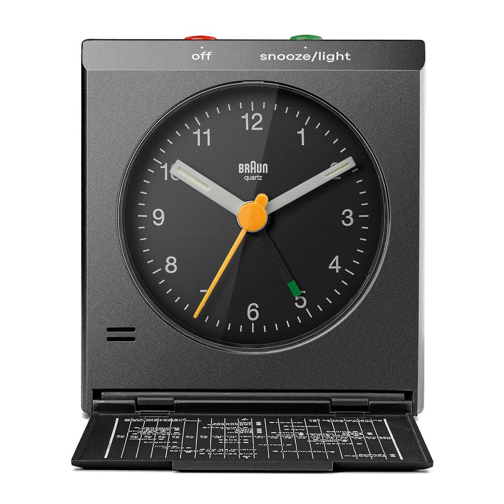 Braun Classic Analogue Travel Alarm Clock with Snooze and Light with Folding Map Lid, Black, BC05B
